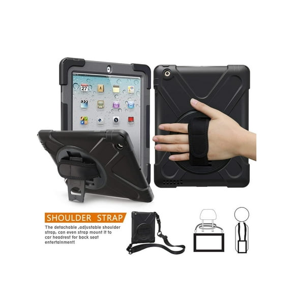 iPad 2 Case iPad 3 Case iPad 4 Case Cover Heavy Duty Shockproof Protective Cover with Rotable Hand Strap Kickstand and Shoulder Strap