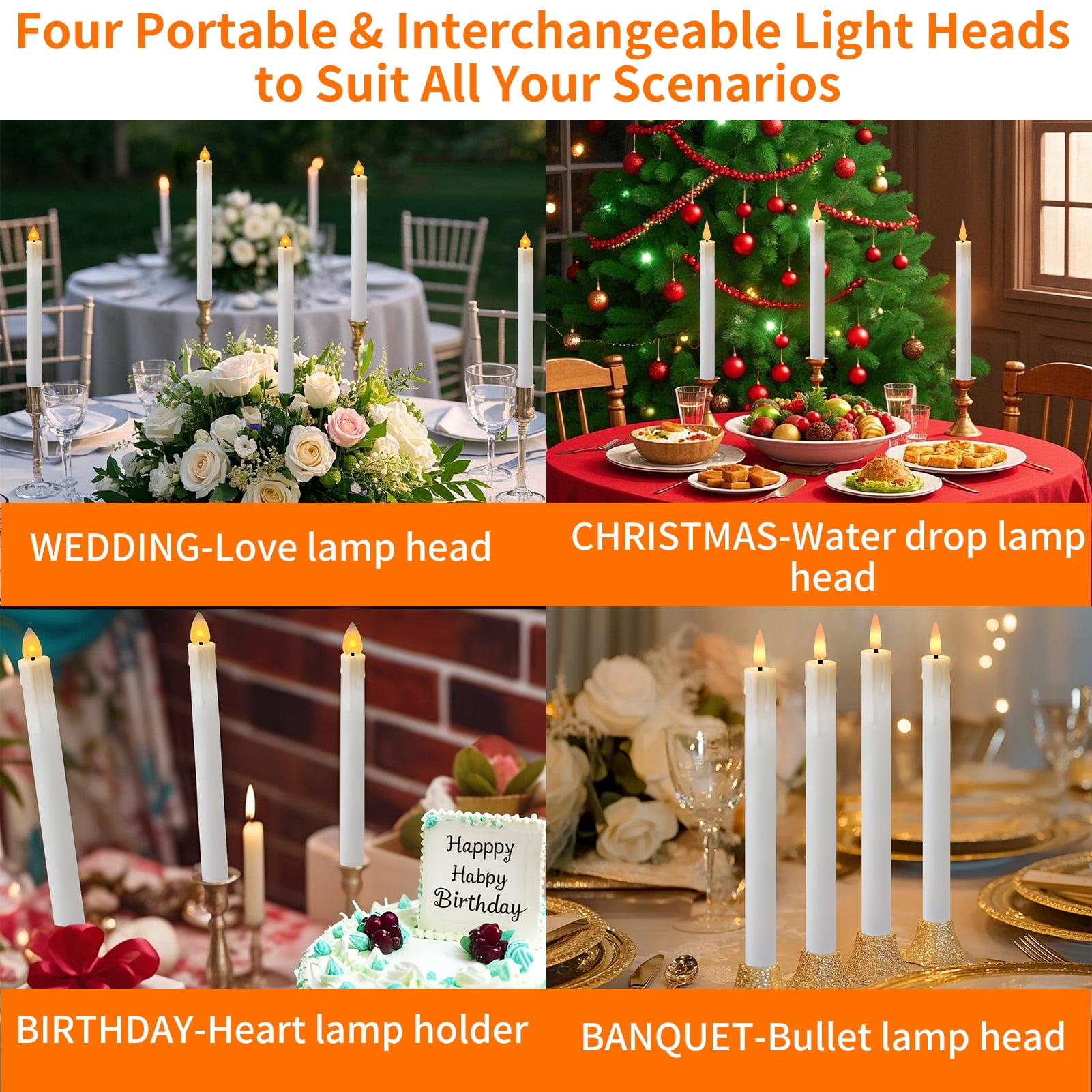 Rechargeable Flameless Taper Candles with Replace Lamp Head, 6 Pcs Real Wax LED Taper Candles Flickering with Remote&Timer, 3D Flame Battery Candlesticks for Home Wedding Christmas Decor (White)