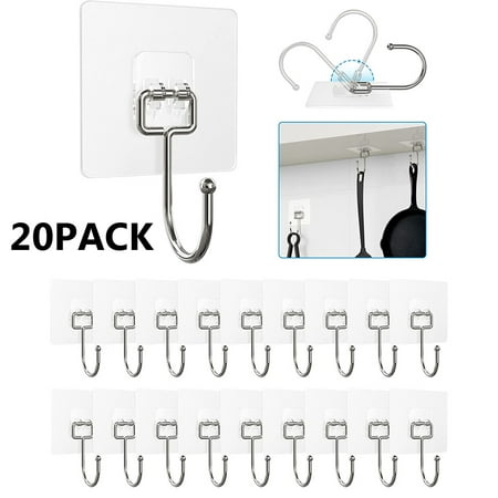 

20 Pack Large Wall Hooks 22lb(Max) Transparent Reusable Seamless Adhesive Hooks Waterproof and Oilproof Bathroom Kitchen Office Heavy Duty Self Adhesive Hooks