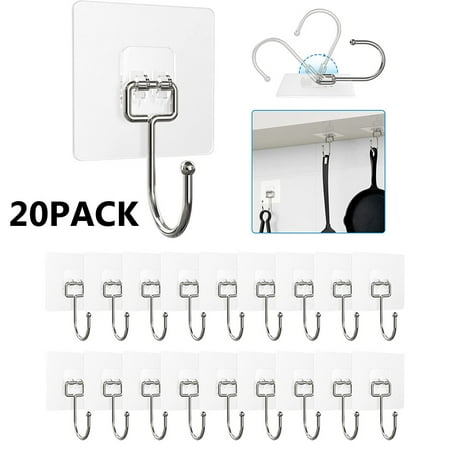 

20 Pack Large Wall Hooks 22lb(Max) Transparent Reusable Seamless Adhesive Hooks Waterproof and Oilproof Bathroom Kitchen Office Heavy Duty Self Adhesive Hooks