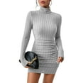thumbnail image 2 of Women's Pullover Sweater Dress Long Lantern Sleeve Turtle Neck Cute Ribbed Knit Bodycon Mini Short Dress 2025 Fall, 2 of 8