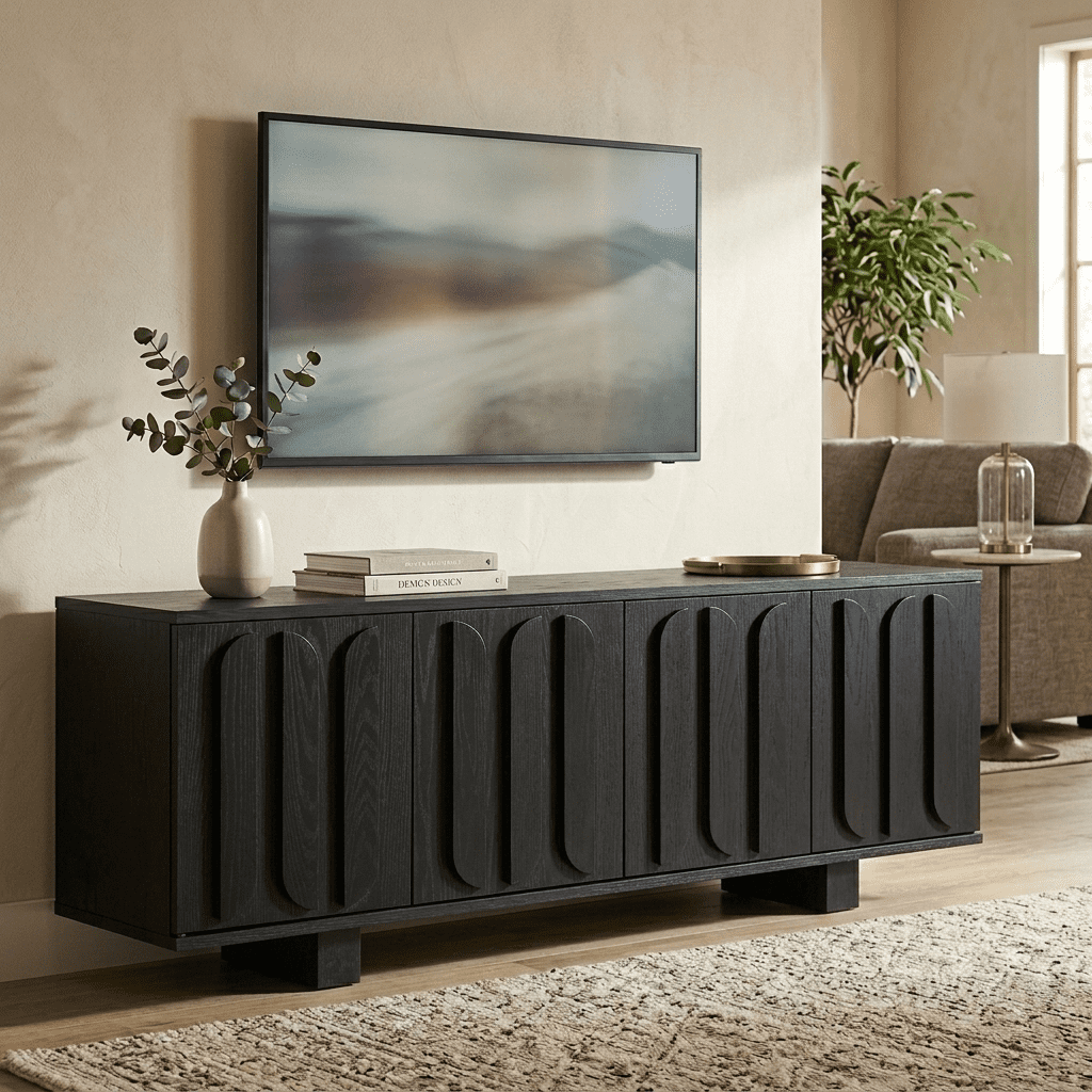 TV Stand 63 Inch Farmhouse for TVs up to 75 Inch, Media Console and Entertainment Center with Adjustable Shelves and Cable Holes, Black