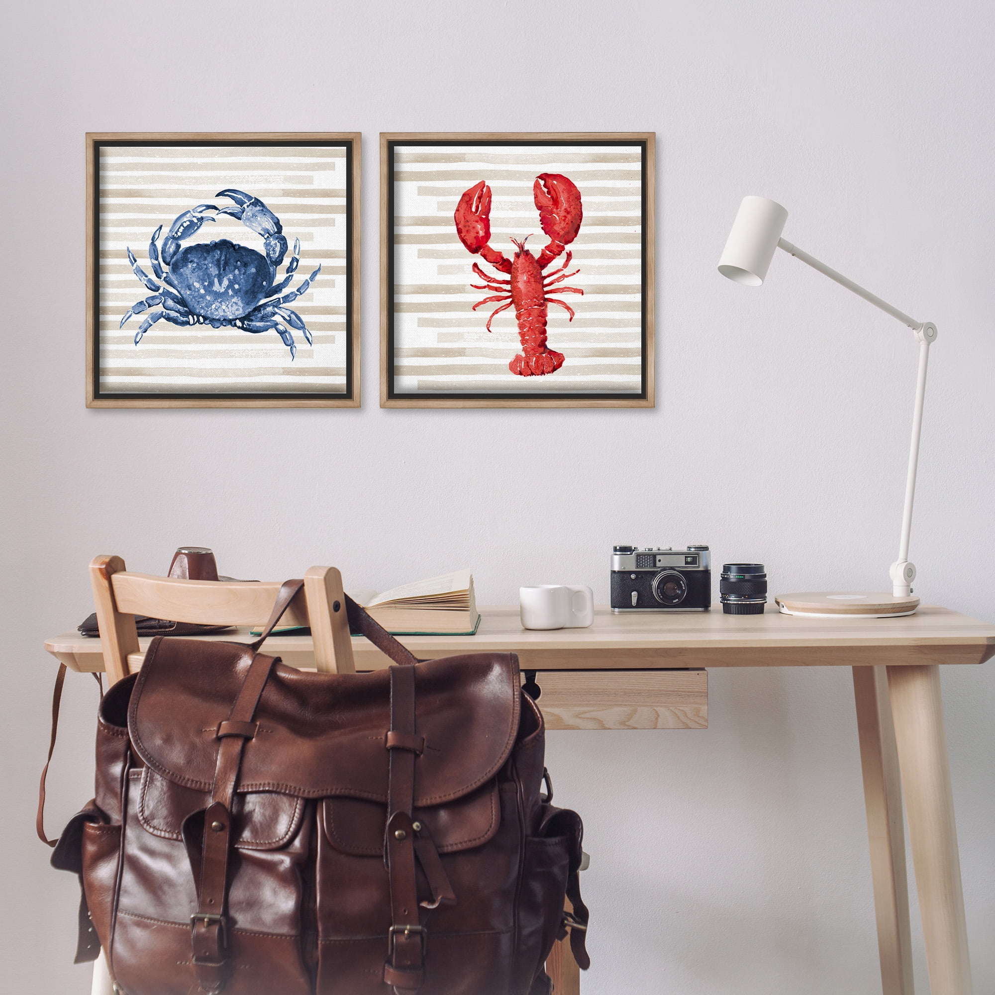 Stupell Industries Nautical Crab & Lobster Beige Stripes Animals & Insects Painting Brown Floater Framed Canvas Art Print Wall Art, 18 x 18, Set of 2