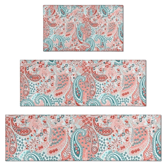 Pink Paisley and Floral Pattern Kitchen Rugs Sets Of 3,Kitchen Runner Rugs Non Skid Washable,Decorative Kitchen Floor Mats for Kitchen,Sink,Laundry,17"x30" 17"x47" 17"x59"