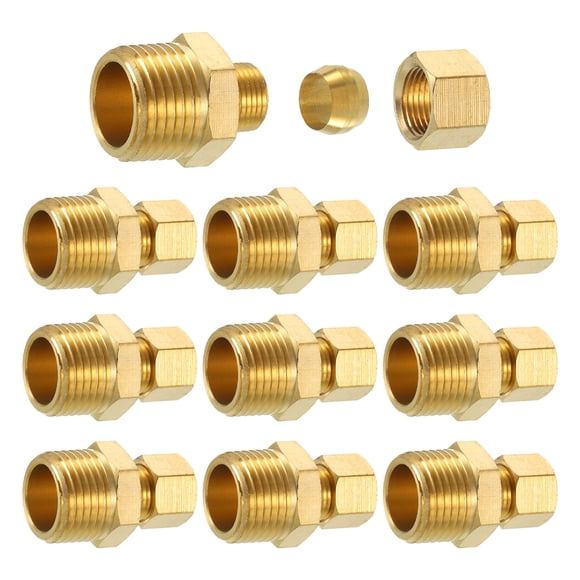 10Pack Brass Pipe Fitting, 5/16" OD x 1/2" NPT Male Brass Compression Tube Fitting, Brass Compression Union Connector, Brass Straight Coupling Adapter Fitting Fit 5/16" Pipe