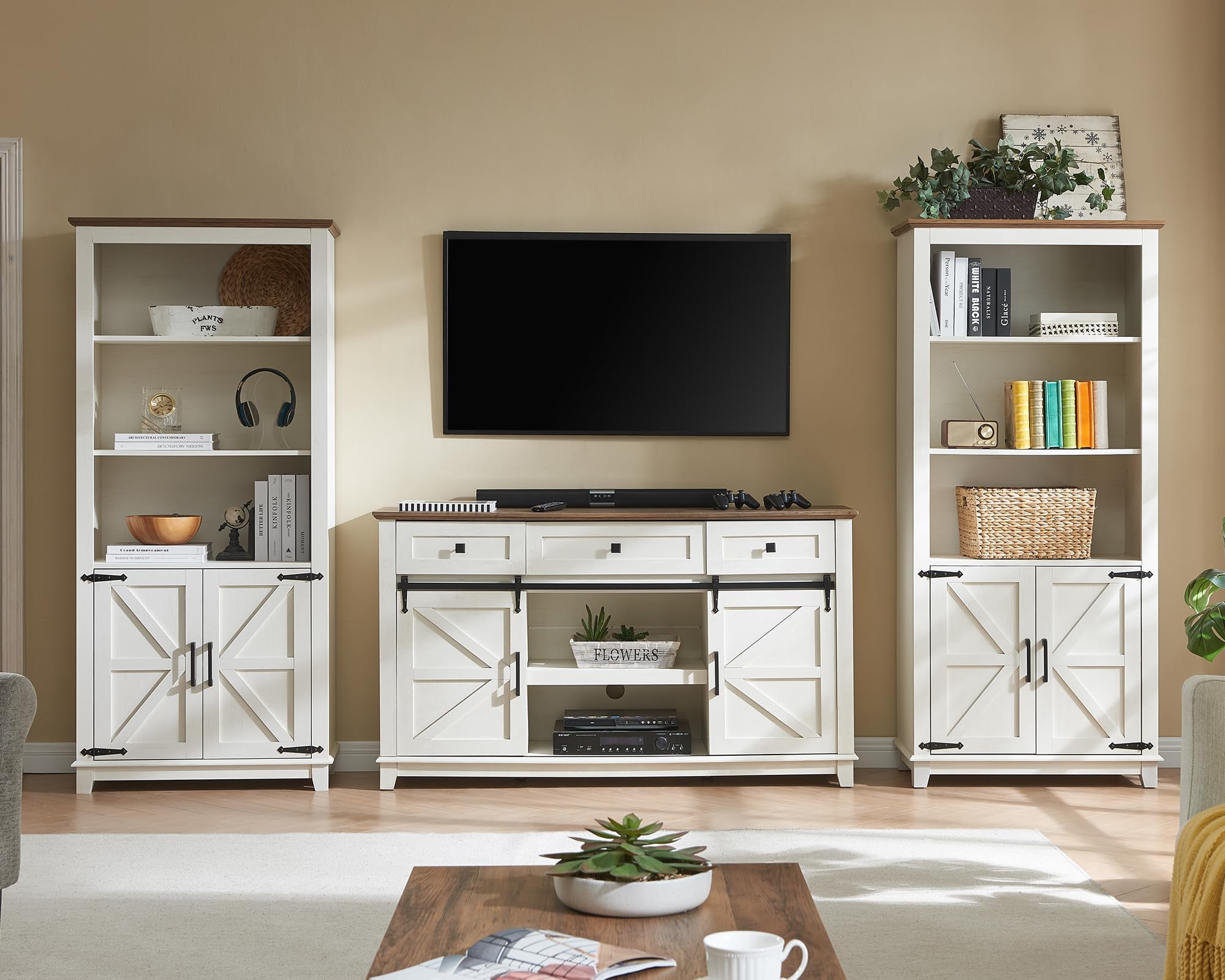 5-Shelf Farmhouse Bookshelf with Doors, 70" Rustic Display Cabinet & Large Storage for Home Office, Living Room, Bedroom, Off-White