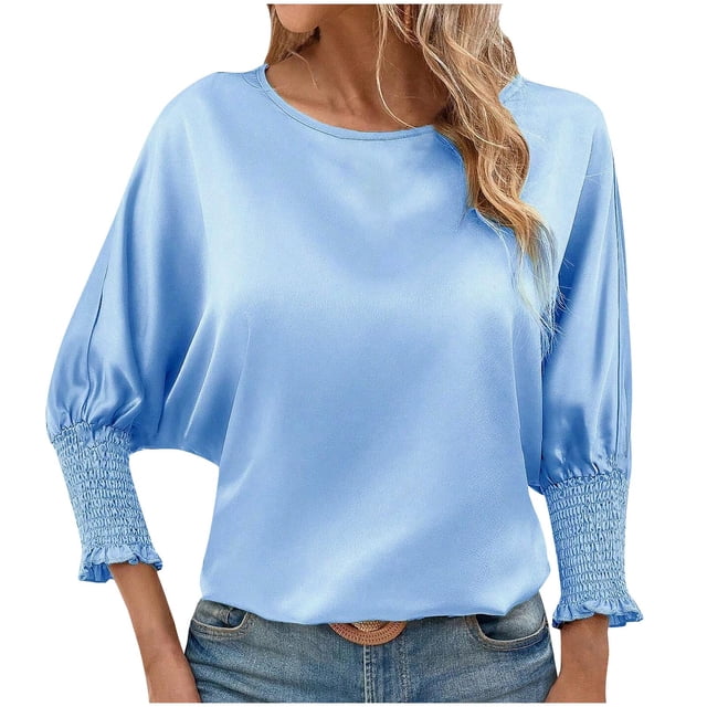 Plebaso Hauts Décontractés pour Femmes Manches 3/4 Col Rond Chemises Habillées Couleur Unie Blouses Amples Printemps Été 2025