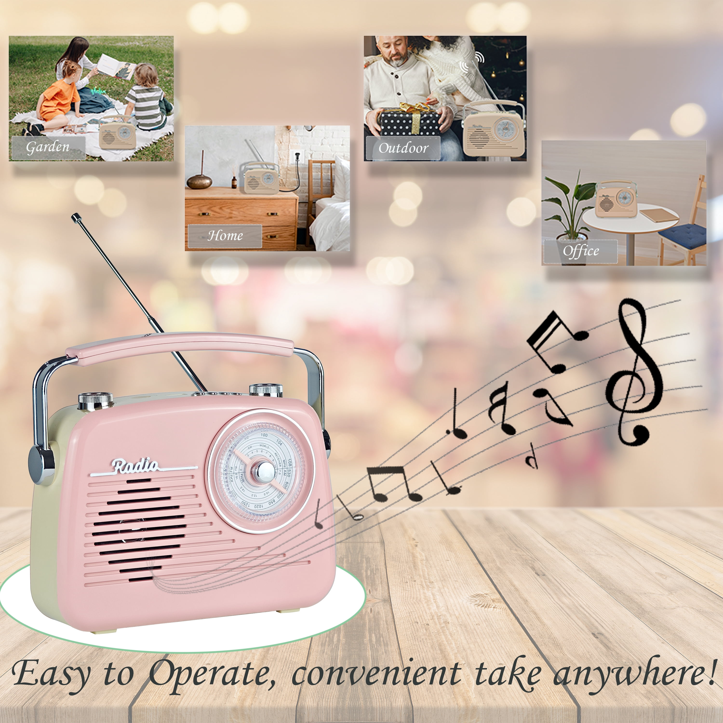 Portable Radio AM FM Shortwave Vintage Radio, Great Reception Receiver Bluetooth Speaker Plug in Wall, Support USB Drive/TF Card, Good Sound for Family or Friend for Home/Outdoors/Kitchen (Pink)