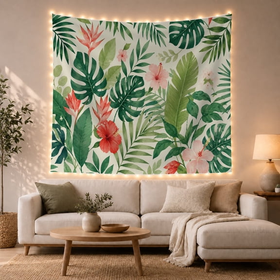 Dense Monstera and Hibiscus Against White Background, Serene Watercolor for Plant Lovers, Botanical Wall Decor, Housewarming Gift, Tapestry Wall Hanging for Living Room and Bedroom
