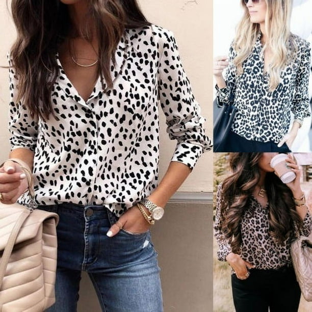 Women Summer V Neck Ladies Leopard Print Long Sleeve Loose T Shirt Tops ...