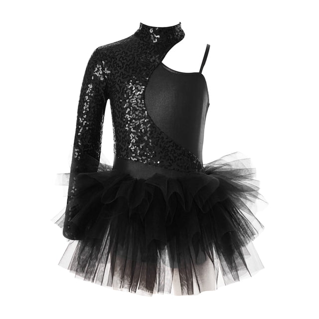 Jowowha Robe Justaucorps Asymétrique à Sequins pour Filles Jazz Latin Moderne Patinage Noir 8