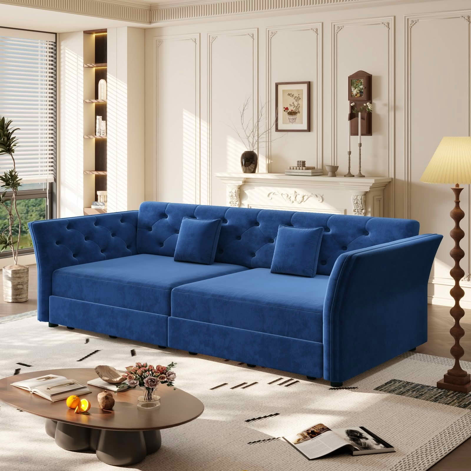 MAYEERTY 74.4" Queen Pull‑Out Velvet Sofa Bed, Convertible Loveseat Sleeper with Handmade Flower Tufting, 2 Pillows Included for Living Room, Bedroom and Apartment