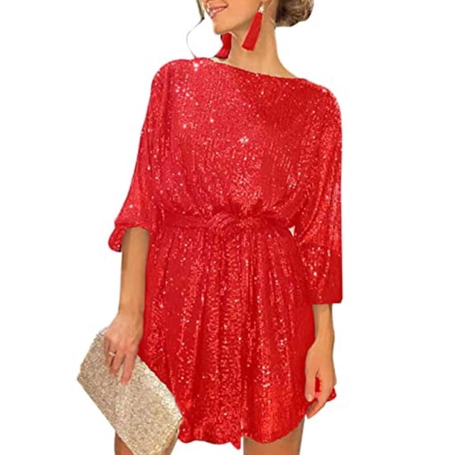 Womens Puff Long Sleeve Glitter Sequin Dress with Belt Evening Wedding Bridesmaid Sparkly Loose Fit Mini Short DressesXXL Gao Jinjia LED