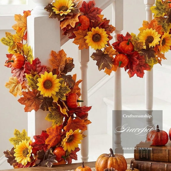 Fall Wreath 78.74 Inch Thanksgiving Decorations Artificial Maple Leaves Pumpkin Sunflower Ivy for Mantel Staircase Doorway Home Fall Crop Display