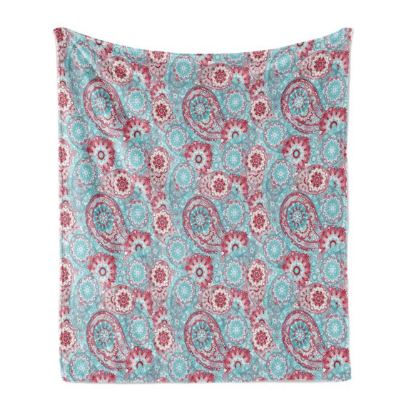 Vintage Soft Flannel Fleece Blanket, Traditional Oriental Spring Flowers Pattern Paisley Ornamental Eastern Artwork, Cozy Plush for Indoor and Outdoor Use, 50" x 60", Pink Pale Blue, by Ambesonne