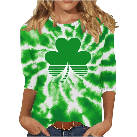 BLVB Womens 3/4 Sleeve St. Patrick's Day T-Shirts Shamrock Crew Neck Spring Graphic Tee Tops Casual Fashion Shirts
