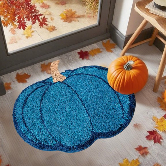 Gallickan Pumpkin Mat, 16x24 Inch Machine Washable Rug, Bathroom Kitchen Decor, Festive Orange Accent for Living Spaces, Blue