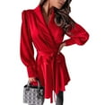 thumbnail image 3 of Women'S Long Sleeve V-Neck Tie Shirt Dress Casual A-Line Short Mini Dress Red S, 3 of 9
