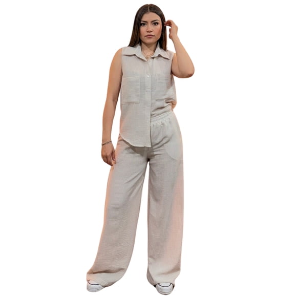 YARETNI MODA Conjunto Para Dama Pantalon Y Camisa Sin Mangas Rayado