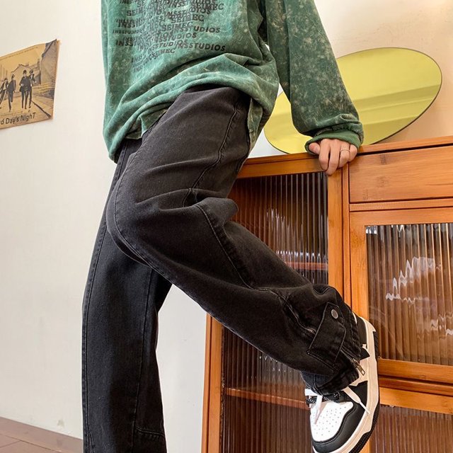 High Street-pantalones vaqueros de pierna ancha para hombre, Jeans rectos, sueltos, con cremallera y bolsillo con botones, estilo coreano, moda americana Original, otoño e invierno, 2023