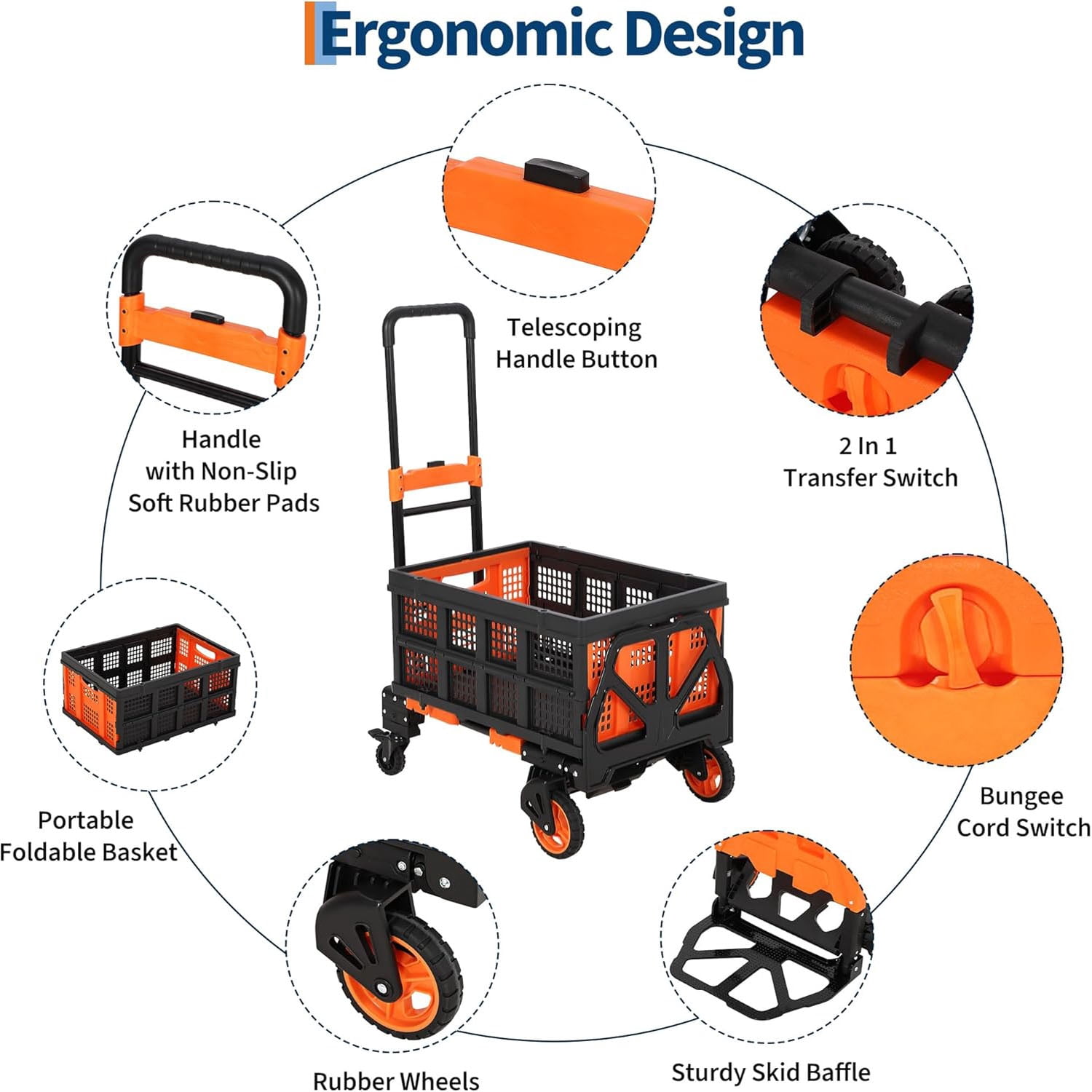 2-in-1 Folding Hand Truck with Foldable Basket, Convertible Folding Hand Cart with Telescoping Handle, Wheels and Bungee Cord, Portable Dolly Cart for Luggage, Moving, Office