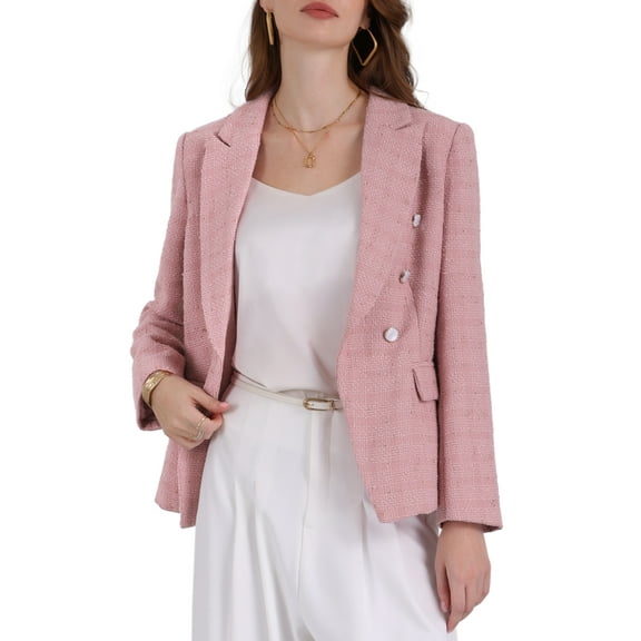 INSPIRE CHIC Women's Tweed Blazers Double Breasted Long Sleeve Office Work Jackets S Pink