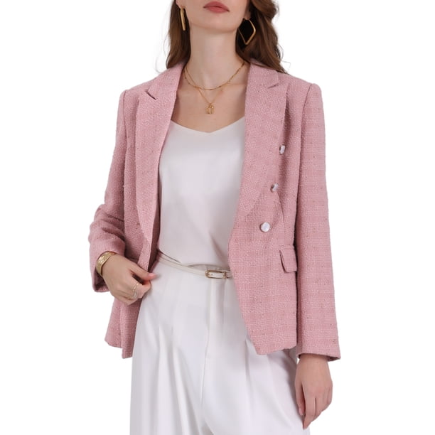 Blazers de tweed para mujer Inspire Chic, de doble botonadura, de manga larga, chaquetas de oficina, 2XL, rosa