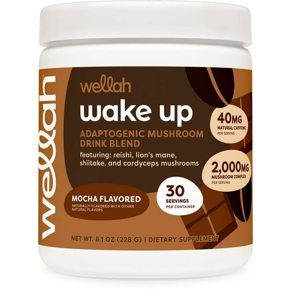 Wellah Wake Up Adaptogenic Mushroom Drink Blend Mocha Flavored, 30 Servings - 40mg Natural Caffeine, 2000mg Mushroom Complex