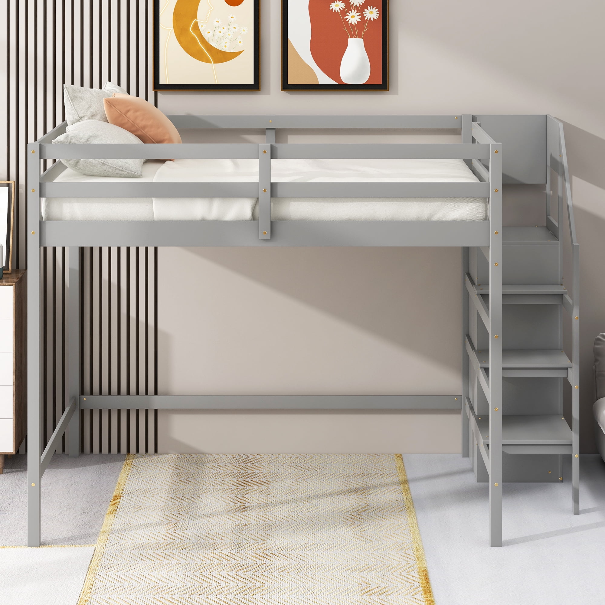 Aukfa Full Size Loft Bed with Built-in Storage Wardrobe, Staircase Wood Loft Bed for Kids Adults - Gray