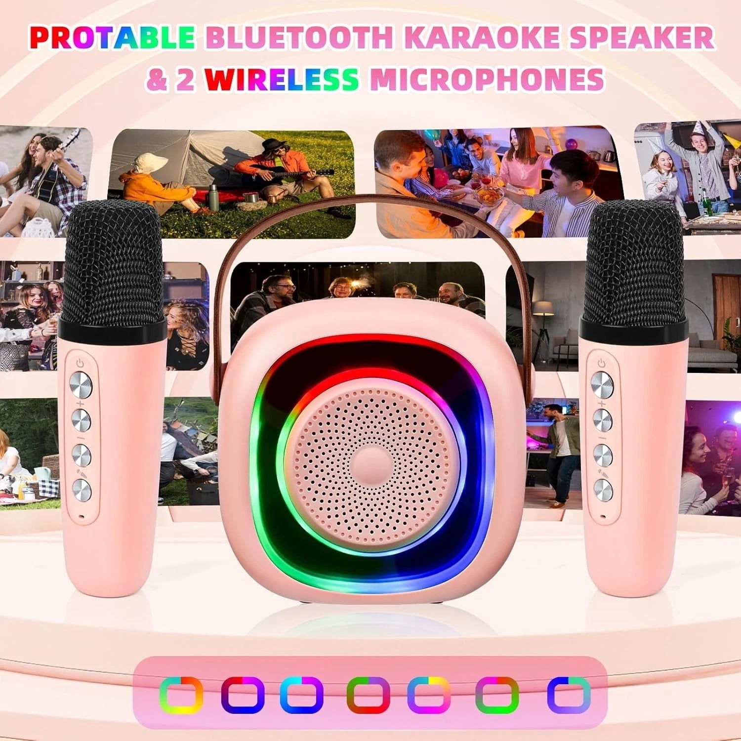 Kids Karaoke Machine with 2 Microphones, Mini Bluetooth Speaker, LED Lights Gift