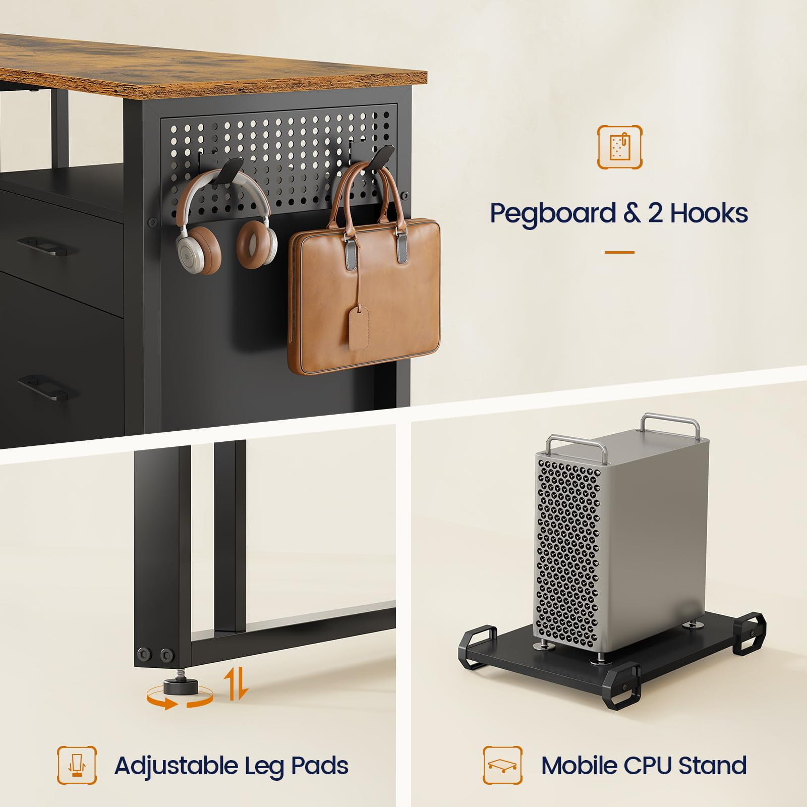 71" L-Shaped Executive Desk with Power Outlets & Mobile CPU Stand, Computer Desk with Storage Shelves, File Cabinet & Pegboard for Office, Home, Brown