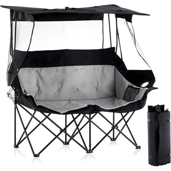 CLIPOP Double Folding Camping Chair with Canopy, Portable Oversized Beach Chair with Cup Holders, Side Pocket, Heavy Duty Camping Chair with Canopy Shade for Outside Lawn Patio Hiking, Black