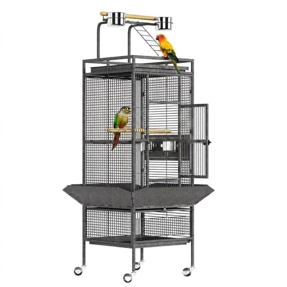 61" Large Metal Bird Cage with Rolling Stand, Parrot Cage with Play Top & Seed Catcher – Removable Tray, Black for Lovebirds, Cockatiels, Pigeons & Finches