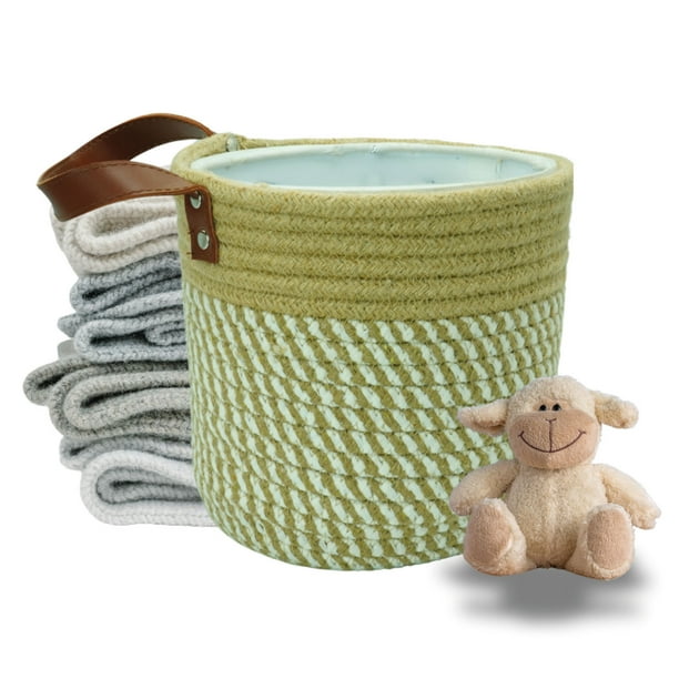 Planterist Cesta Organizadora Chica Tejida – Algodón Lavable, Plegable y Portable – Multiusos 19.5x17.5 cm con Agarradera de Piel para Almacenaje, Decoración y Ropa Sucia (Navojoa)