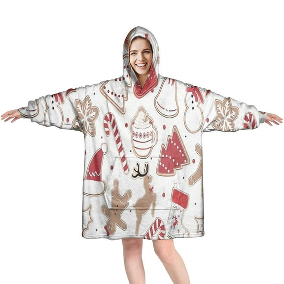 Wearable Oversized Blanket,White Christmas Cookie Pattern Wearable Blanket Hoodie for Adults,Cozy Hooded Blankets with Super Pockets,Super Warm Fuzzy Pullover for Women & Men