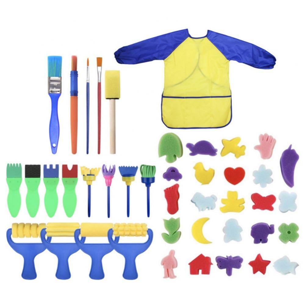 YINASI 31PCS Early Learning Sponge Painting Brushes Kit for Toddlers Assorted Pattern Including Children Waterproof Art Painting Smock Apron Painting Kits for Kids 
