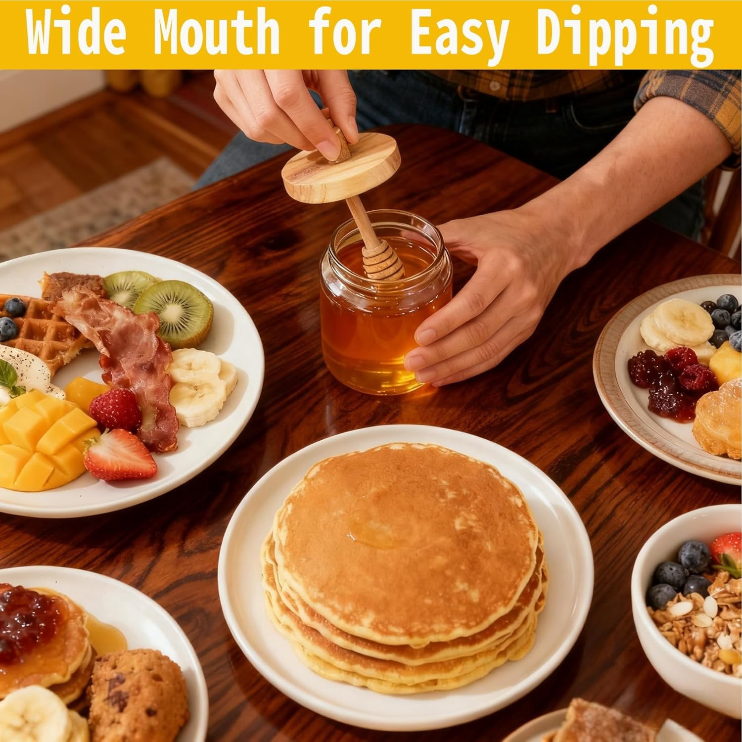 Honey Dispenser No Drip, Glass Honey Jar with wooden Dipper and Lid, Wide-Mouth Large Honey Pot/Container for Syrup Storage-16 Oz