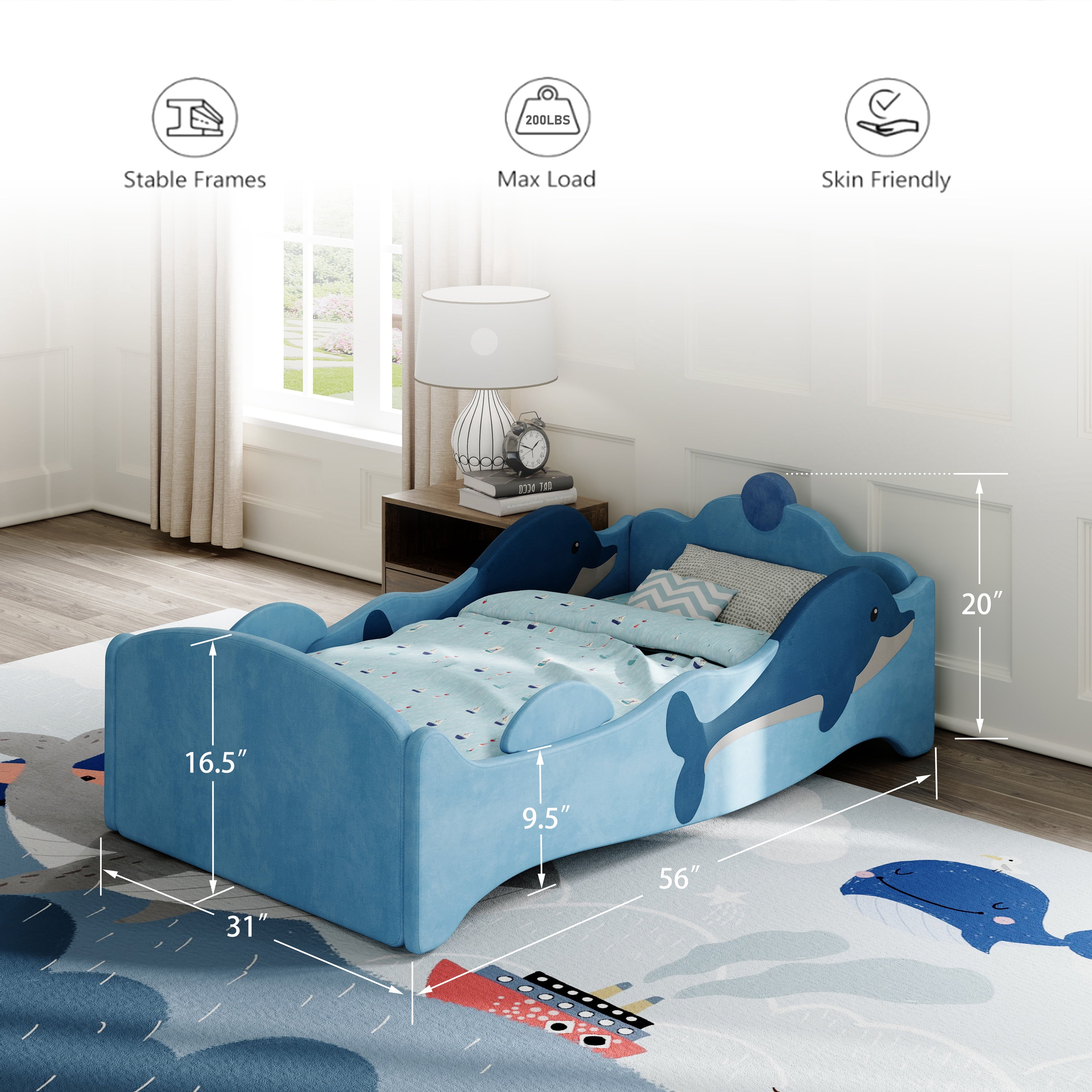 Ages 18+ Months Old Kids with Removable Safety Guard Rails, Low to Ground Design, Certified Fabric Beds (Khaki)