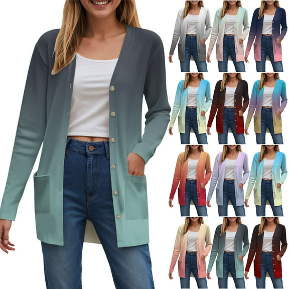 idosla Long Sleeve Cardigan for Women Casual Gradation Pockets Button Down Loose Fall Lightweight Hiking Trendy Jacket (Mint Green, 3XL)