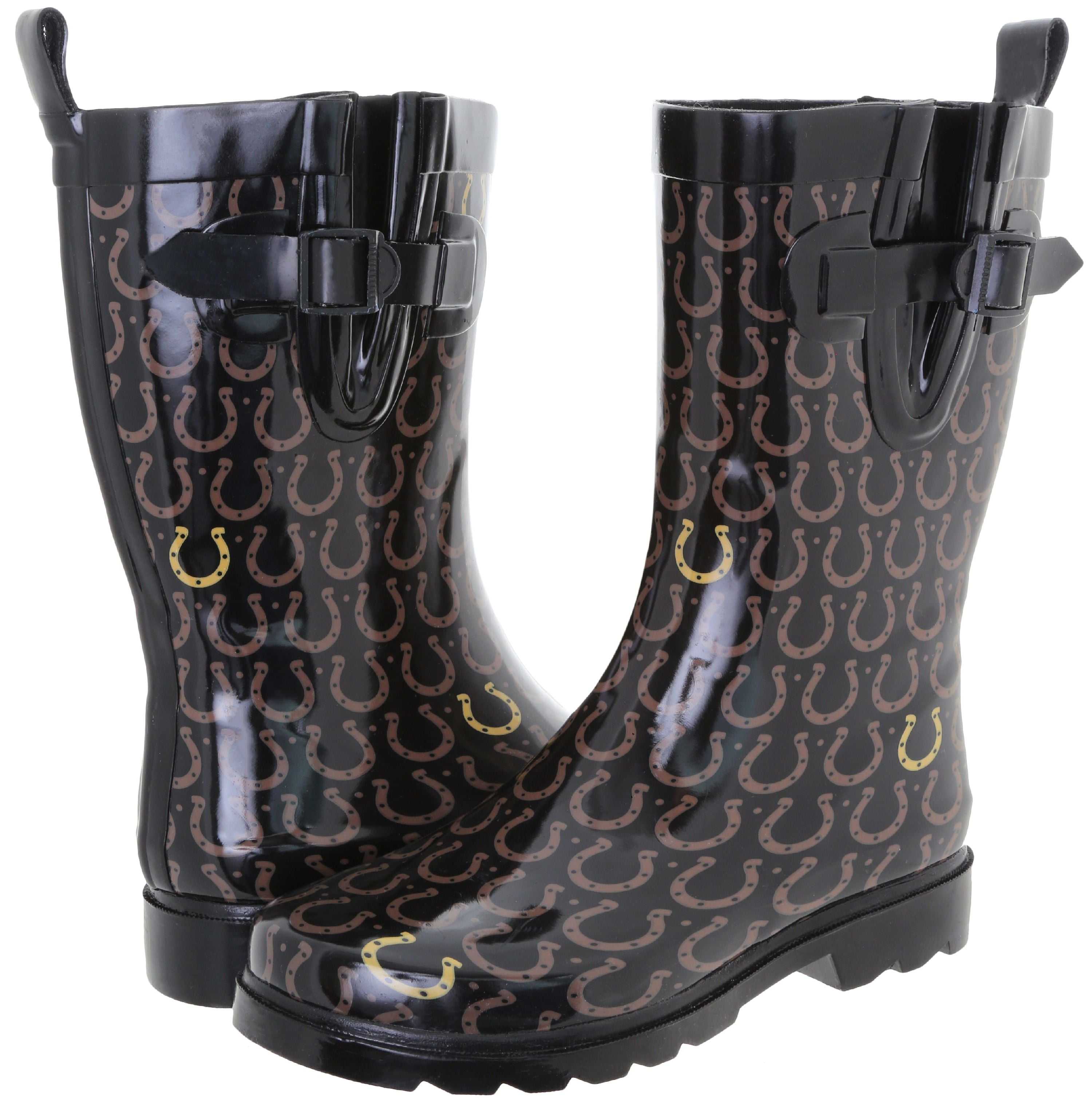 Shiny Lucky Horseshoes Rubber Mid Calf Sporty Women Rain Boot