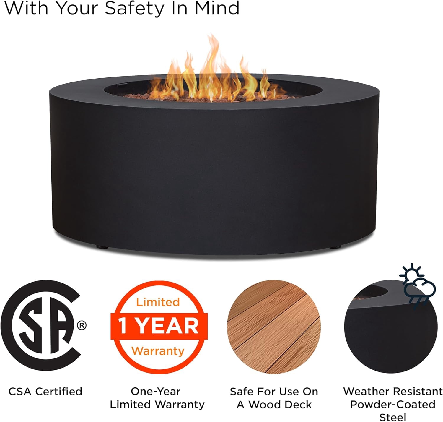 Real Flame Aegean 36" Round Steel Propane or Natural Gas Fire Pit Table in Black