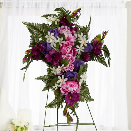 Premade Silk Flower Cross Easel Cemetery Arrangement This Purple Artificial Rose Peony Gladiola Cross Easel Arrangement is designed to be placed graveside at the cemetery or used as a floral display for a funeral. It makes a beautiful cemetery flower for Memorial Day  Decoration Day or year round use. Silk flowers will last much longer than fresh florals  so your loved one s grave site will stay looking its best. This memorial arrangement has silk florals and greenery on a metal wire easel stand.