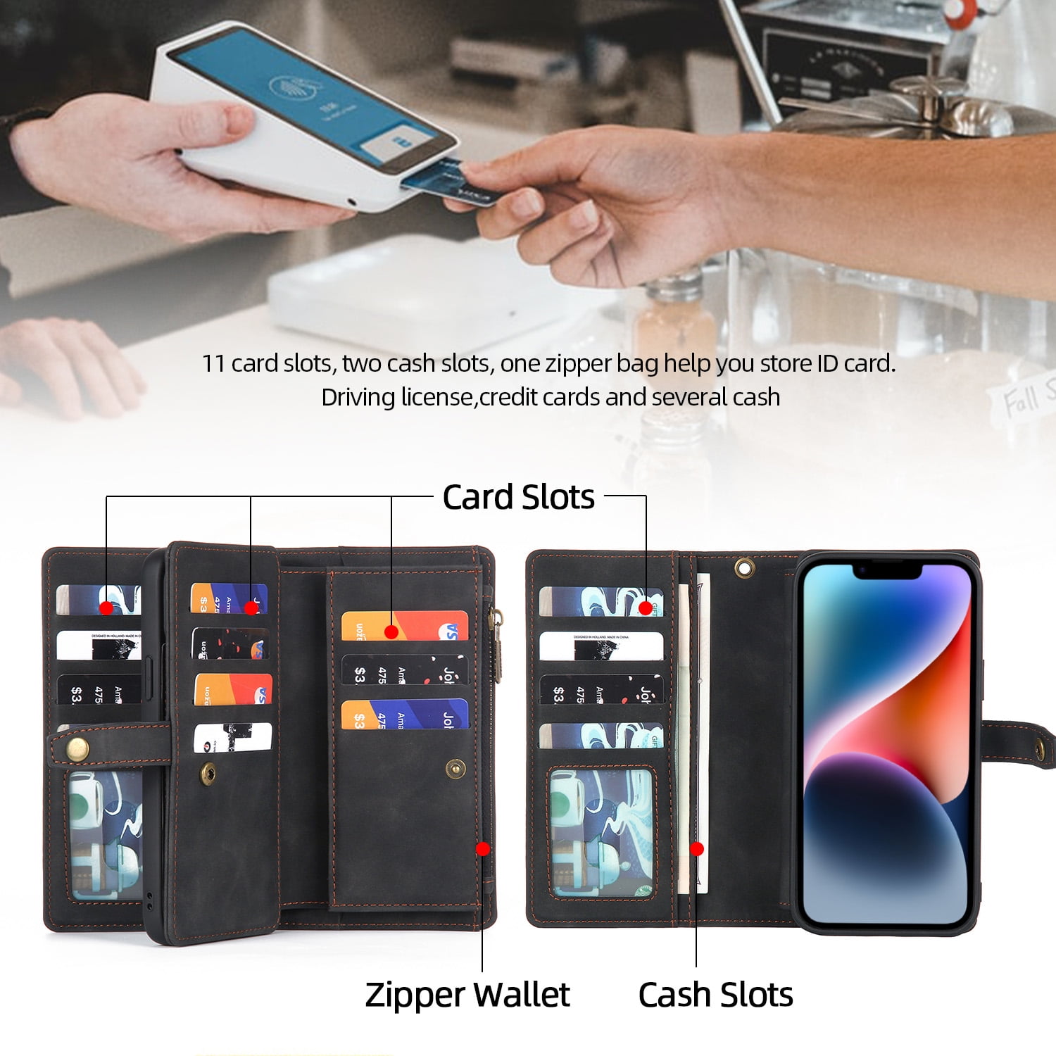 Dteck for iPhone 14 Plus Case, iPhone 14 Plus Case Wallet for Women Men, Durable PU Leather Magnetic Flip Lanyard Strap Wristlet Zipper Card Holder Phone Cases for iPhone 14 Plsu 6.7 Inch,Black