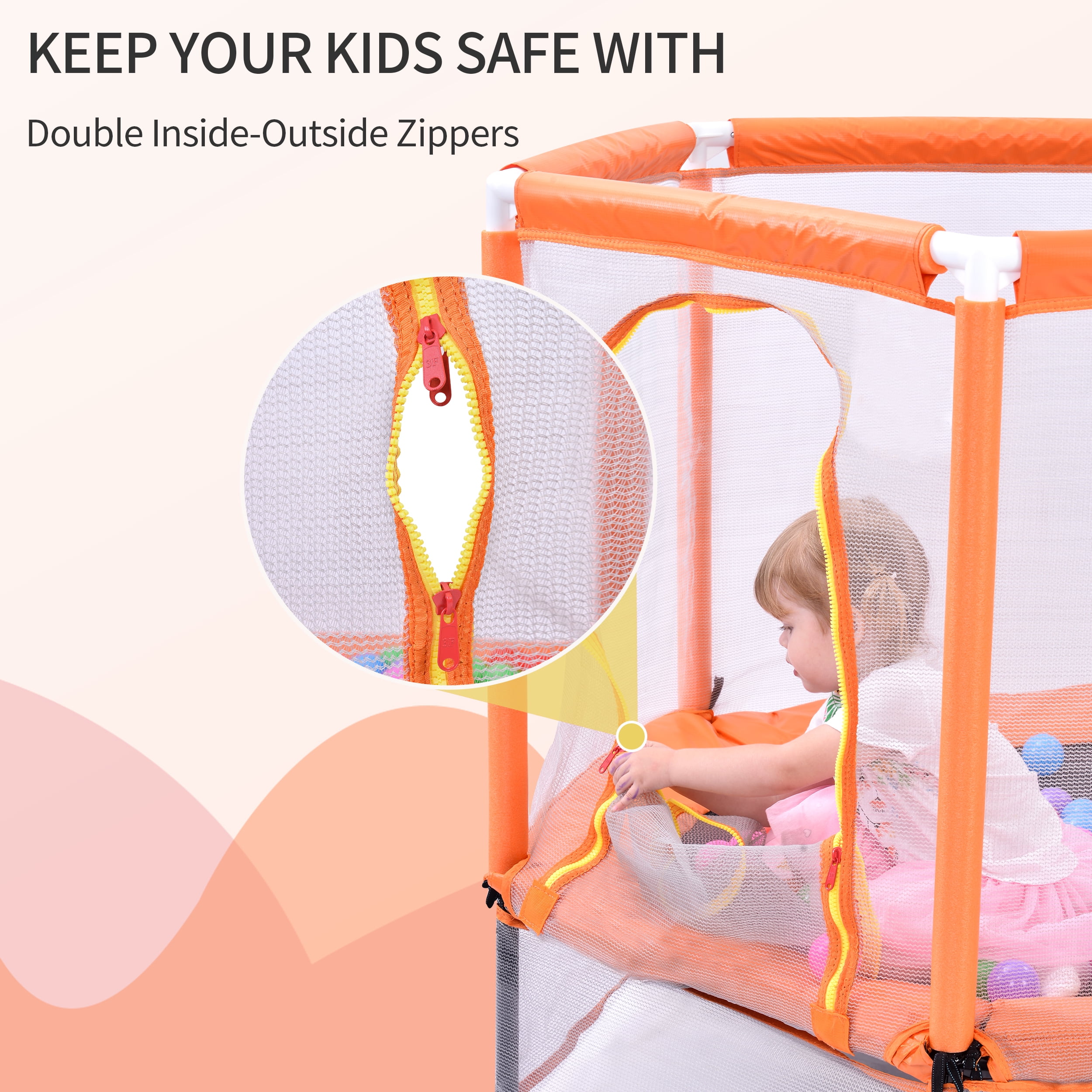Mini Trampoline for Kids, 55'' Toddler Small Trampoline with Enclosure Net, Indoor Outdoor Toy for Boys Girls, with Ocean Balls, 6 Steel Supports, Orange