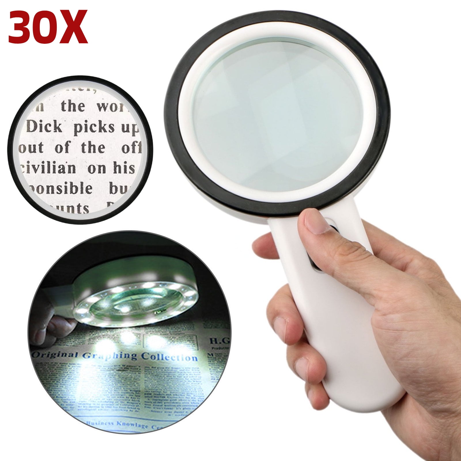 30X High Power Handheld Magnifying Glass 12 Led Light Jumbo Illuminate Magnifier 