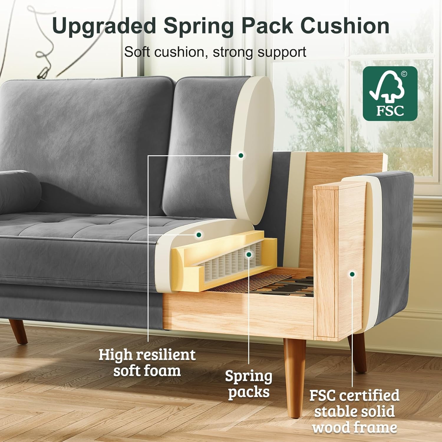 Neche 59" Velvet Spring Sofa Couch for Living Room, Office, Small Space, Solid Wood Leg, One Box, Gray
