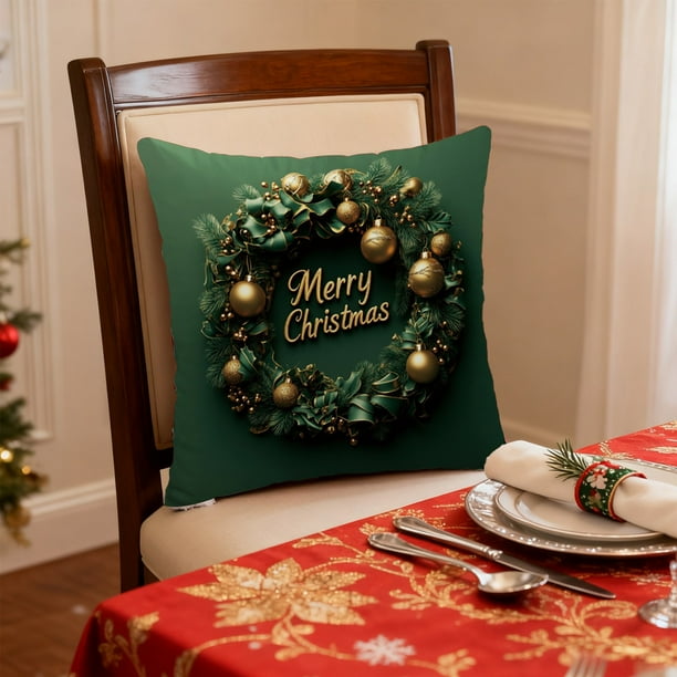 Funda de Cojín Navideña | Funda de Cojín Decorativa de Poliéster Verde para Sofá (45 X 45 Cm) | Decoración Navideña para Sala de Estar U Oficina