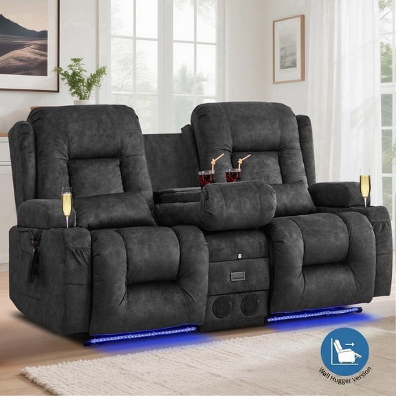 IPKIG Wall Hugger Power Recliner Loveseat with Massage and Heat, Bluetooth, LED Lights, and Cup Holders in Velvet Gray for Home Theater