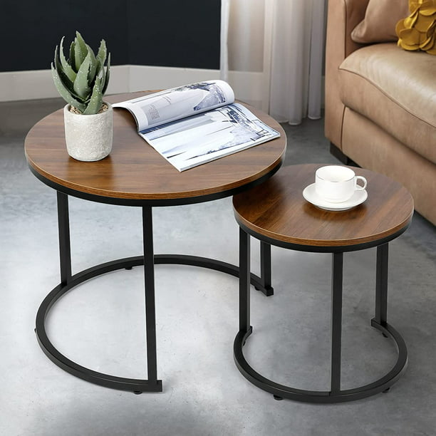 Amzdeal Modern Nesting Coffee Tables, Walnut Round Top, Set of 2, Brown ...