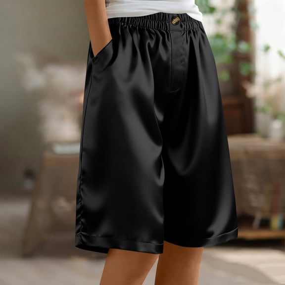 Summer Bermuda Shorts for Women High Waist Button Satin Silky Knee Length Short Casual Solid Loose Comfy Cool Straight Leg Wide Leg Short Pant with Pockets